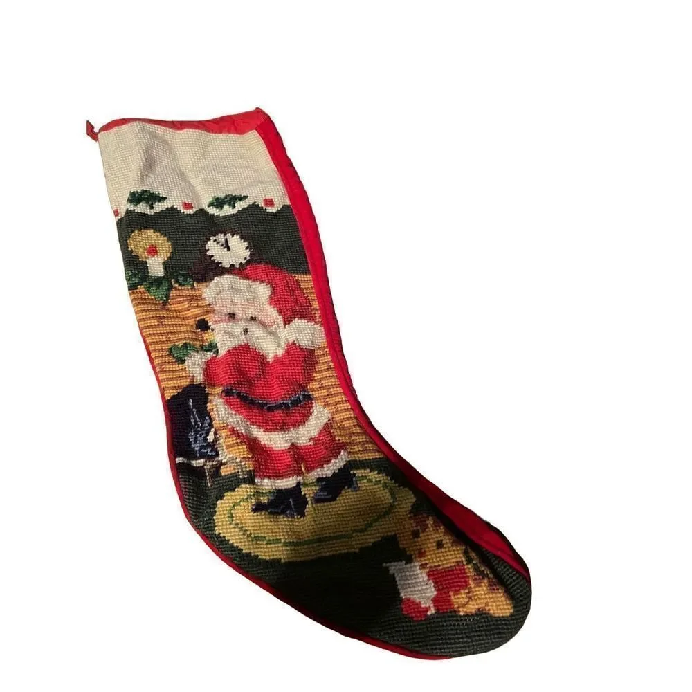 Vintage 1991 Embroidered Christmas Stocking Santa Claus and Elf by Chimney 19”